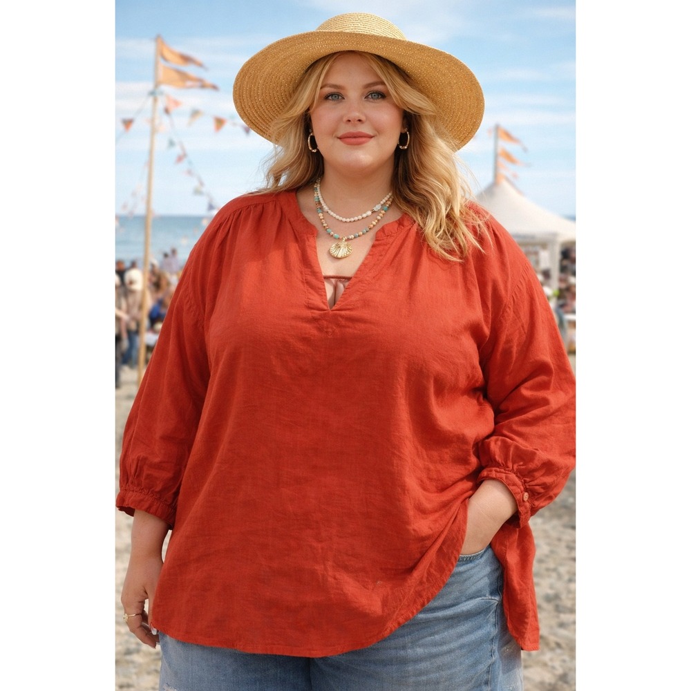 Old Navy Tunic Top Linen Cotton Blend Coastal Boho Casual Relaxed Orange  XXL